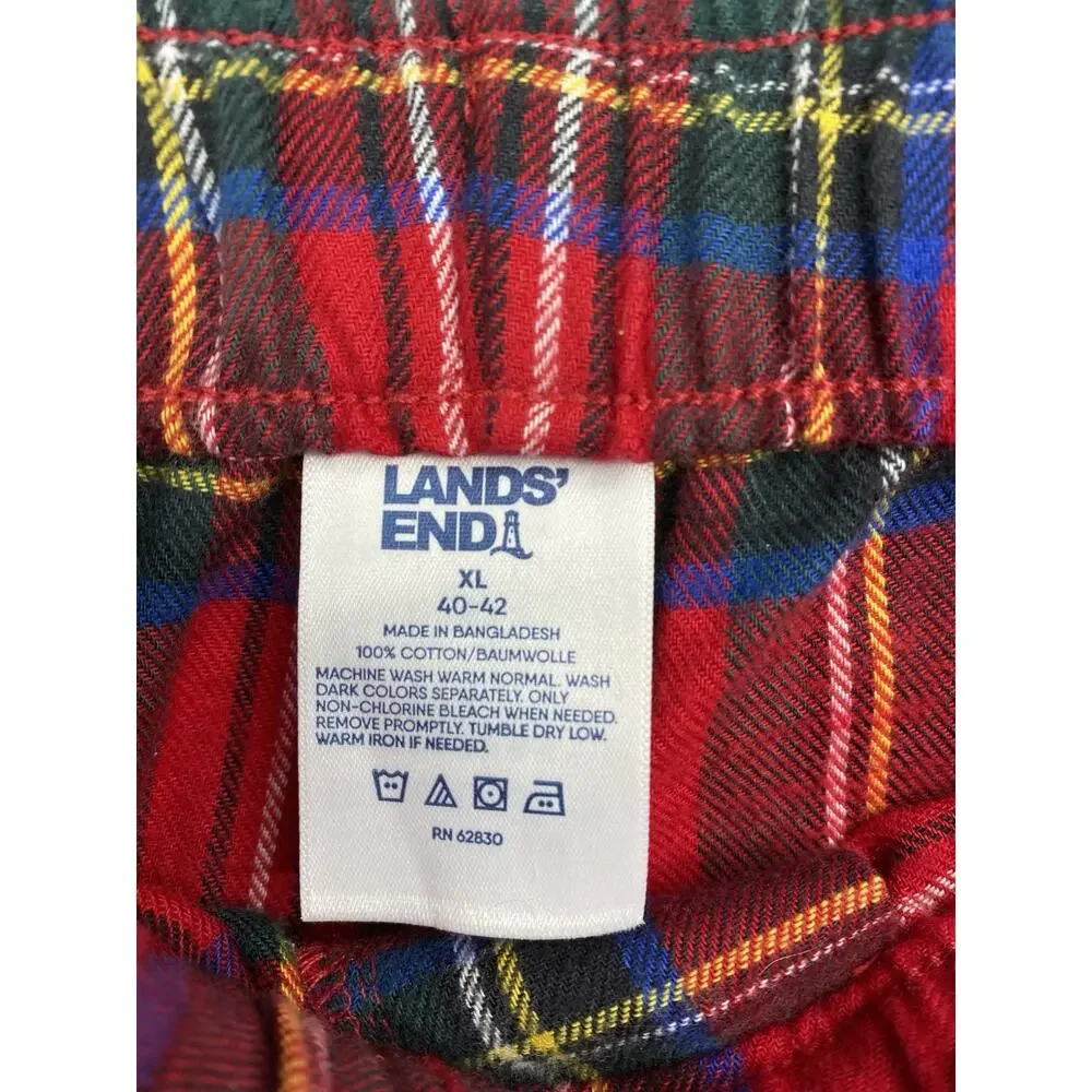Lands End Mens Sleep Pants XL 40/42 Flannel Pajama Lounge Red Plaid Drawstring